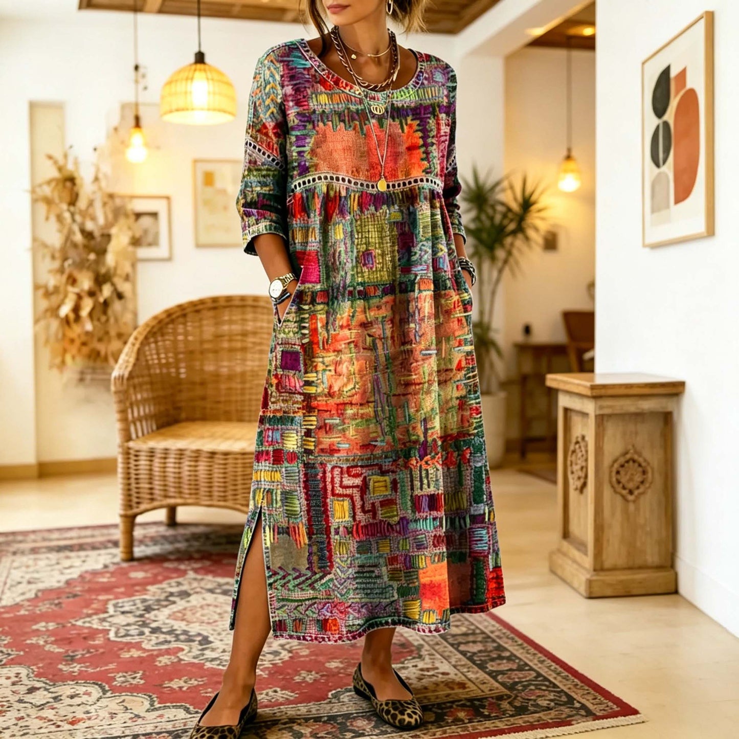 Bohém maxi ruha etnikus patchwork mintával