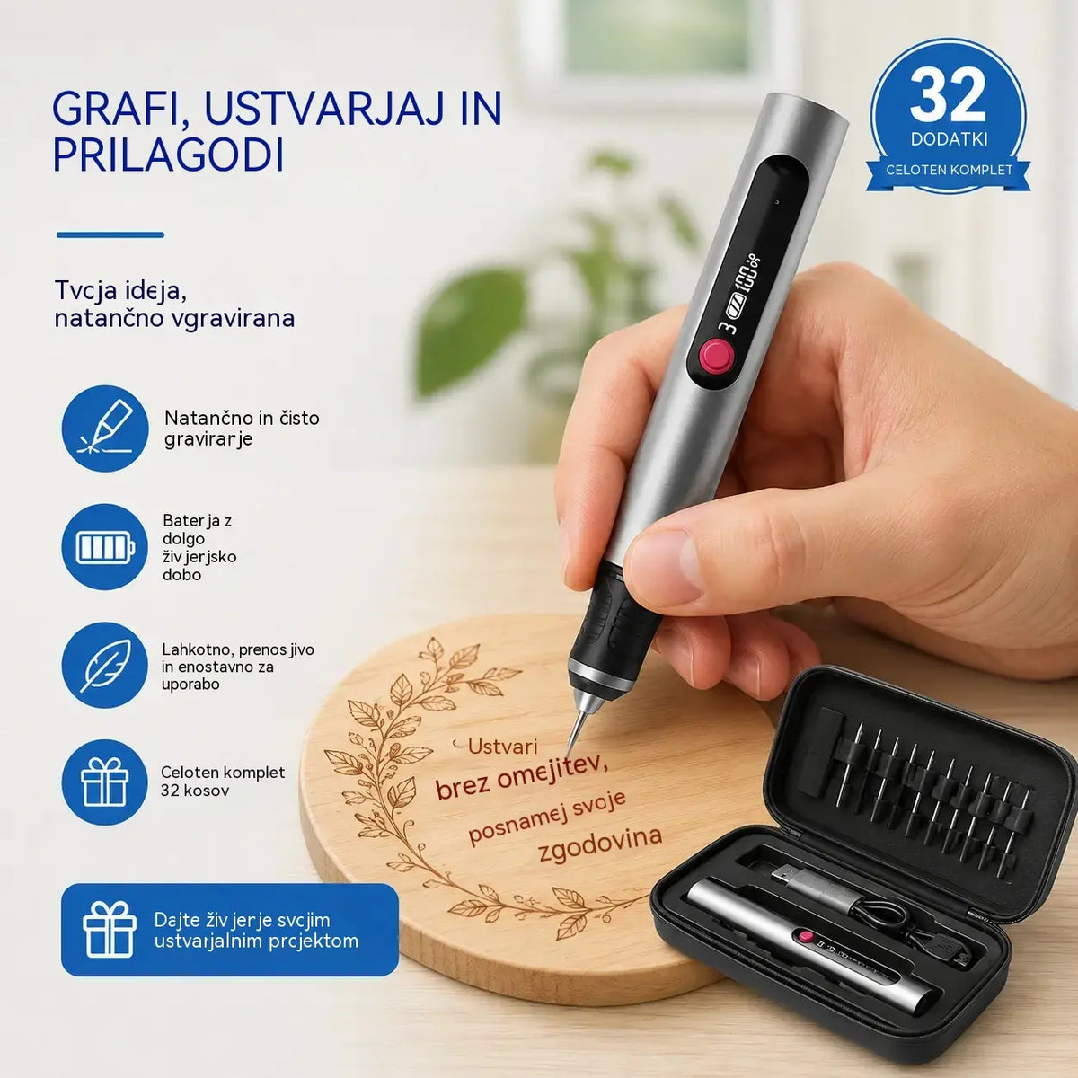 Trpežno, polnilno, večnamensko litij-ionsko gravirno pisalo, primerno za okrasitev nohtov in električno piljenje.