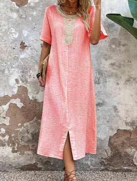 🧚‍♀️👗【50% zniżki 🔥】【S-3XL】💖Letnia duża damska sukienka z okrągłym dekoltem, koronką, krótkim rękawem, czystą bawełną i lnem, rozcięciem i luźną sukienką