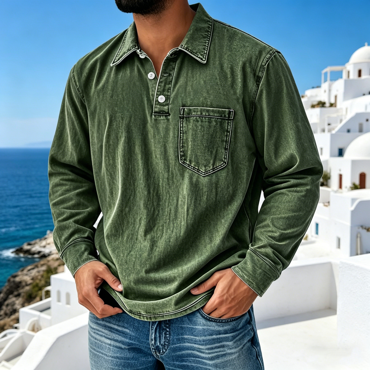 【S-5XL】Νέο τζιν πουκάμισο Henley για άνδρες με 3 κουμπιά, casual, μακρυμάνικο, του 2026