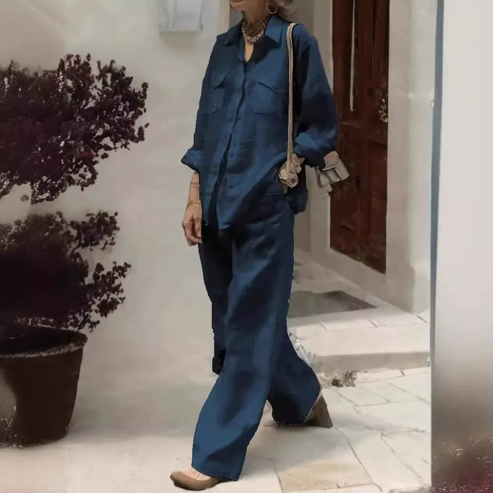 【S-5XL】Νέο κομψό και casual γυναικείο σετ δύο τεμαχίων (μακρυμάνικο πουκάμισο + φαρδύ παντελόνι)