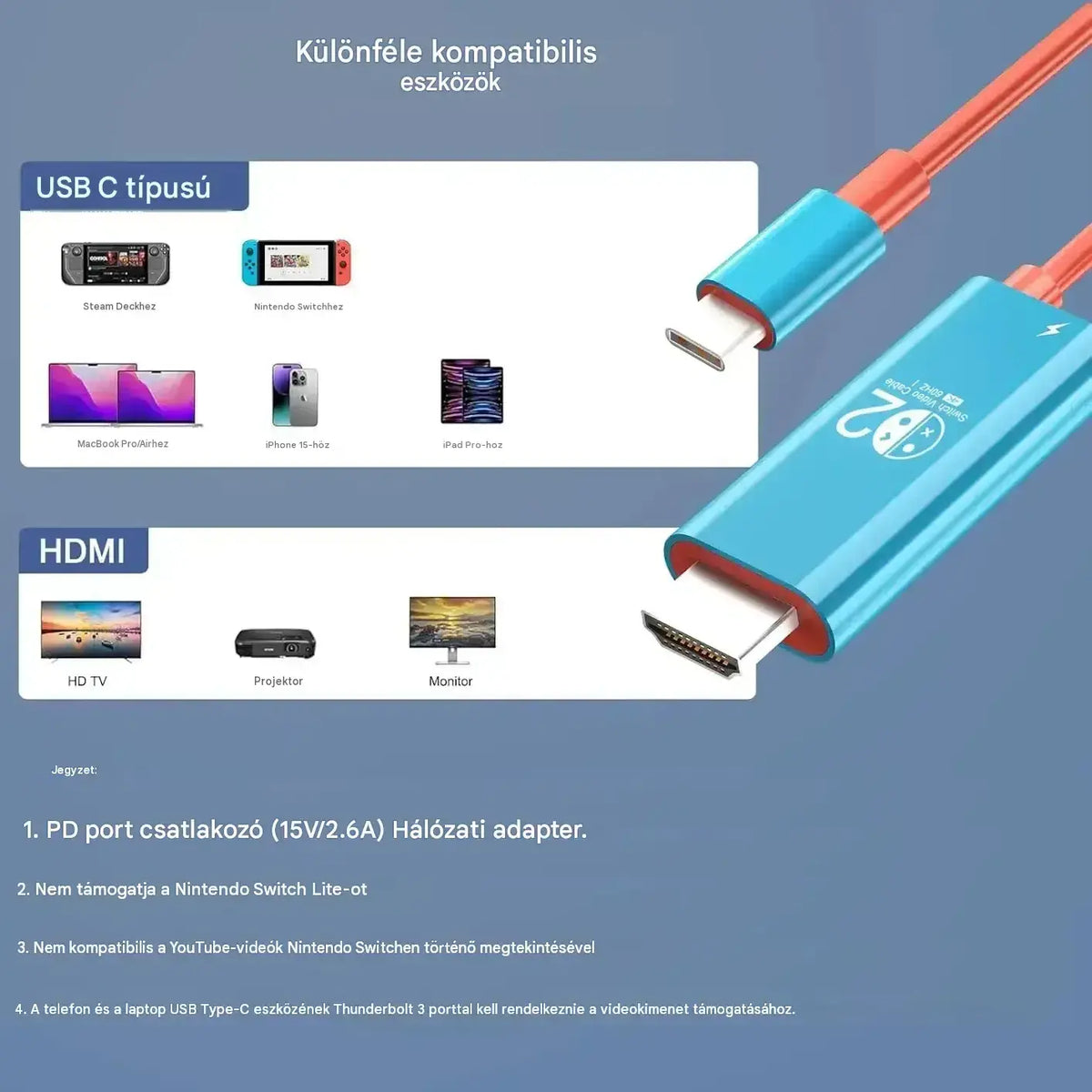 🔥 KORLÁTOZOTT IDEJŰ AJÁNLAT: 50% kedvezmény! 🔥 USB-C - HDMI adapterkábel Switchhez
