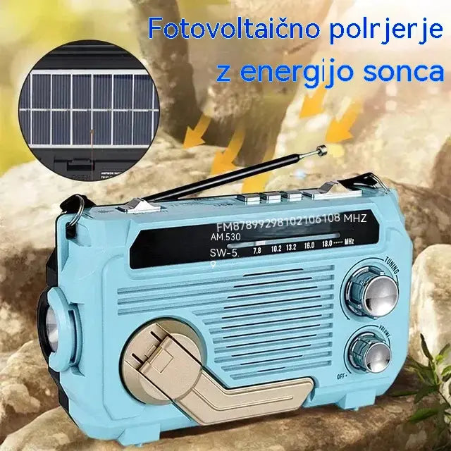 Prodajni hit！Prenosni zasilni radio s polnjenjem na ročni pogon in LED-lučko