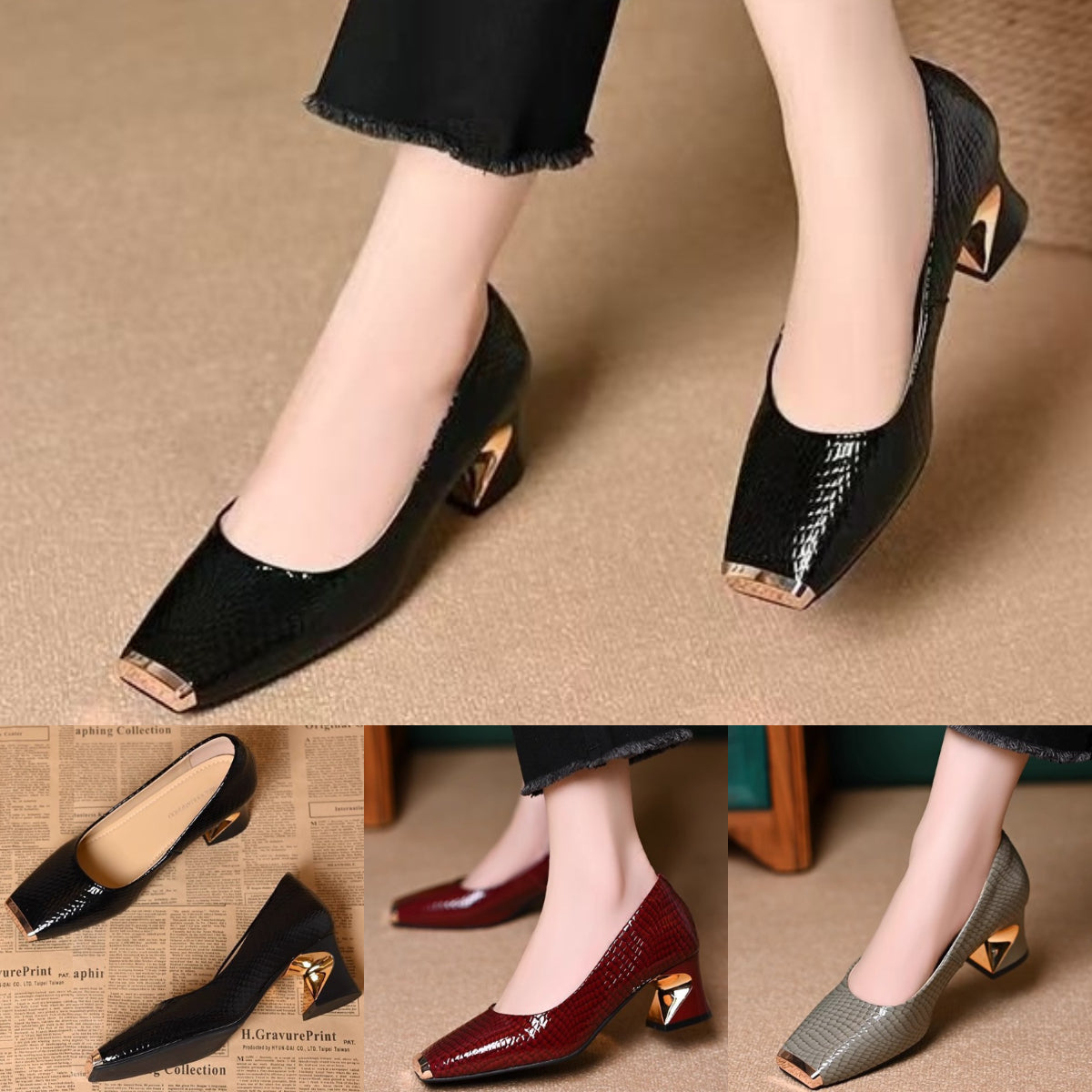 🔥【35-42】🥿Nowe francuskie buty z grubymi obcasami i fakturą, płytkie otwarcie. Kwadratowy nosek, gruby obcas, modny styl