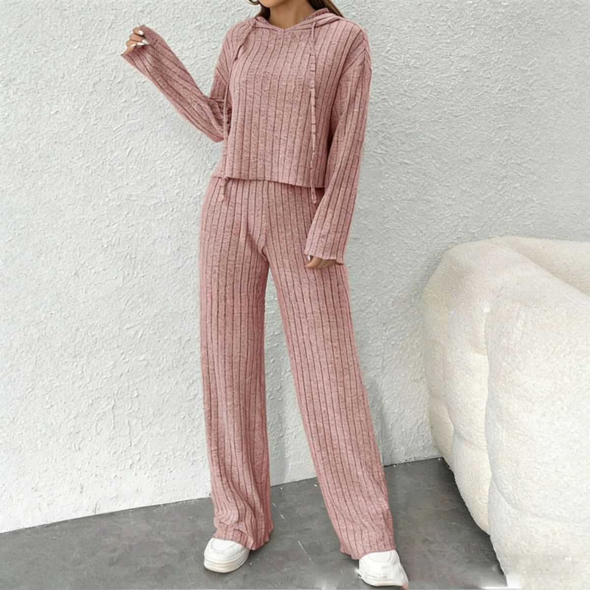 😍【Top + Spodnie】Stylowy damski dzianinowy dwuczęściowy komplet: Bluza + Spodnie z szerokimi nogawkami
