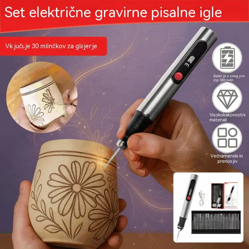 Trpežno, polnilno, večnamensko litij-ionsko gravirno pisalo, primerno za okrasitev nohtov in električno piljenje.