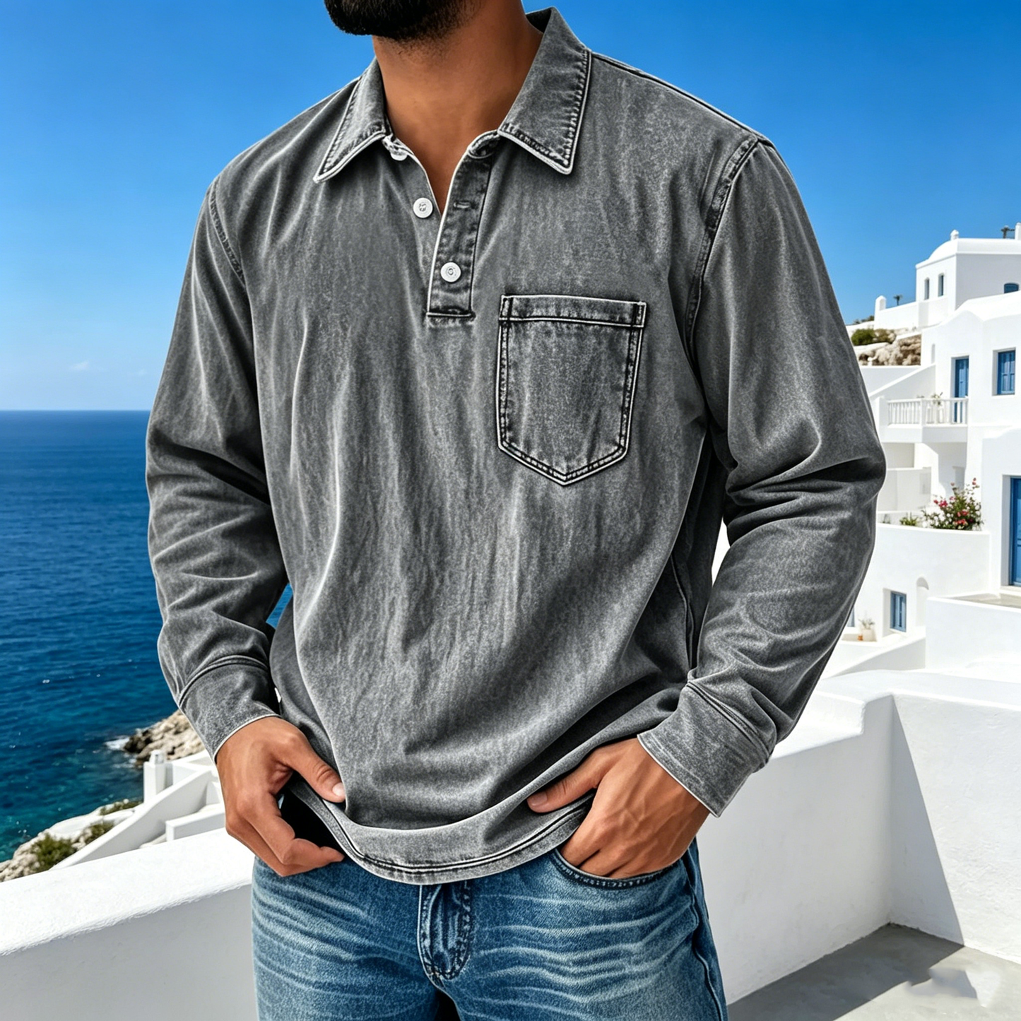 【S-5XL】Νέο τζιν πουκάμισο Henley για άνδρες με 3 κουμπιά, casual, μακρυμάνικο, του 2026