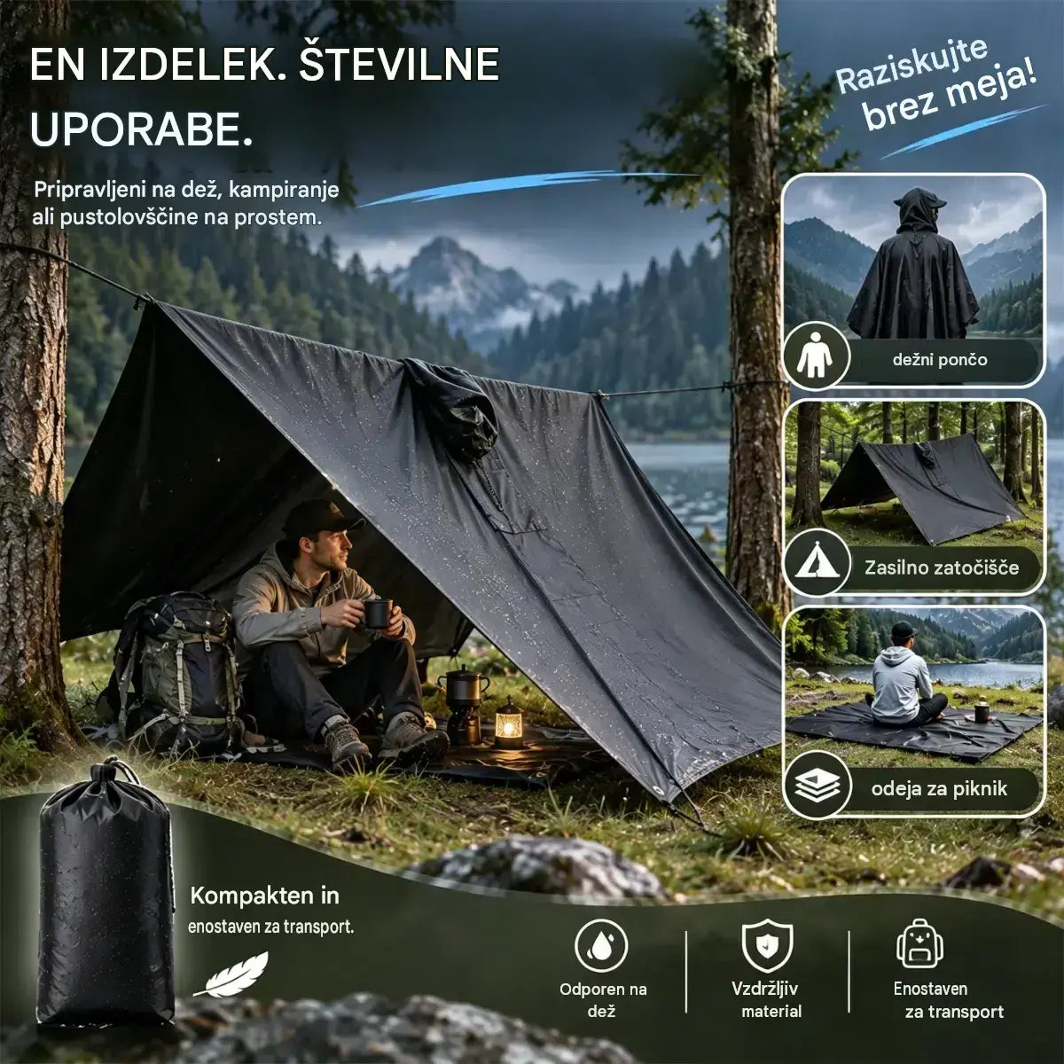 🏕️Večnamenski dežni pončo 3 v 1 | Vodoodporno ogrinjalo + šotor + podloga | Za pohodništvo in kampiranje 🌧️