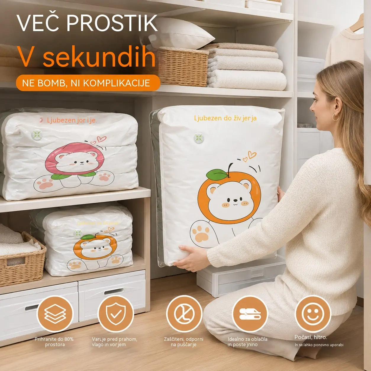 ✨🗃️ 5-delni komplet 💨 Velike stisljive vrečke za shranjevanje: Zračna črpalka ni potrebna, neprepustne, idealne za prihranek prostora v kovčku in doma ✈️