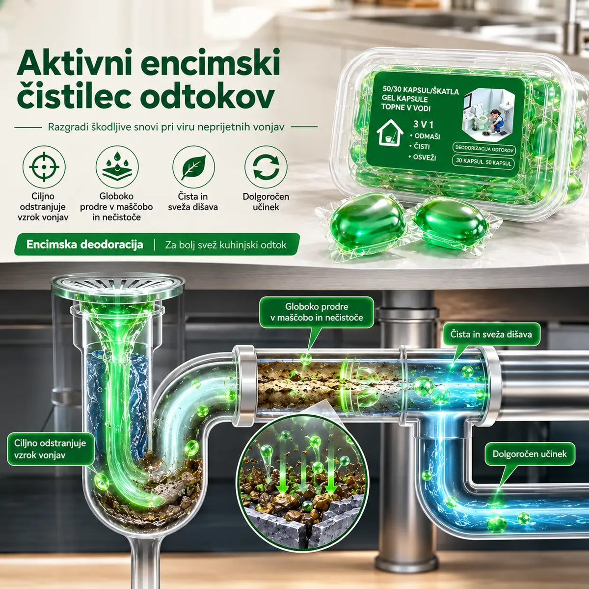 2 pakiranja (100 tablet) 👍 Vodotopne kapsule za odpravljanje vonjav iz odtokov - popolna rešitev za preprečevanje širjenja vonjav v kopalnicah in kuhinjah.