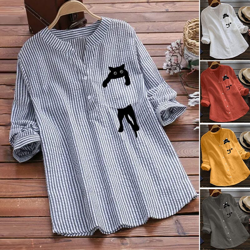 ✨🌈【S-3XL】Koszula z bawełny z nadrukiem kota i dekoltem w serek, letnia, nowa w 2025 roku