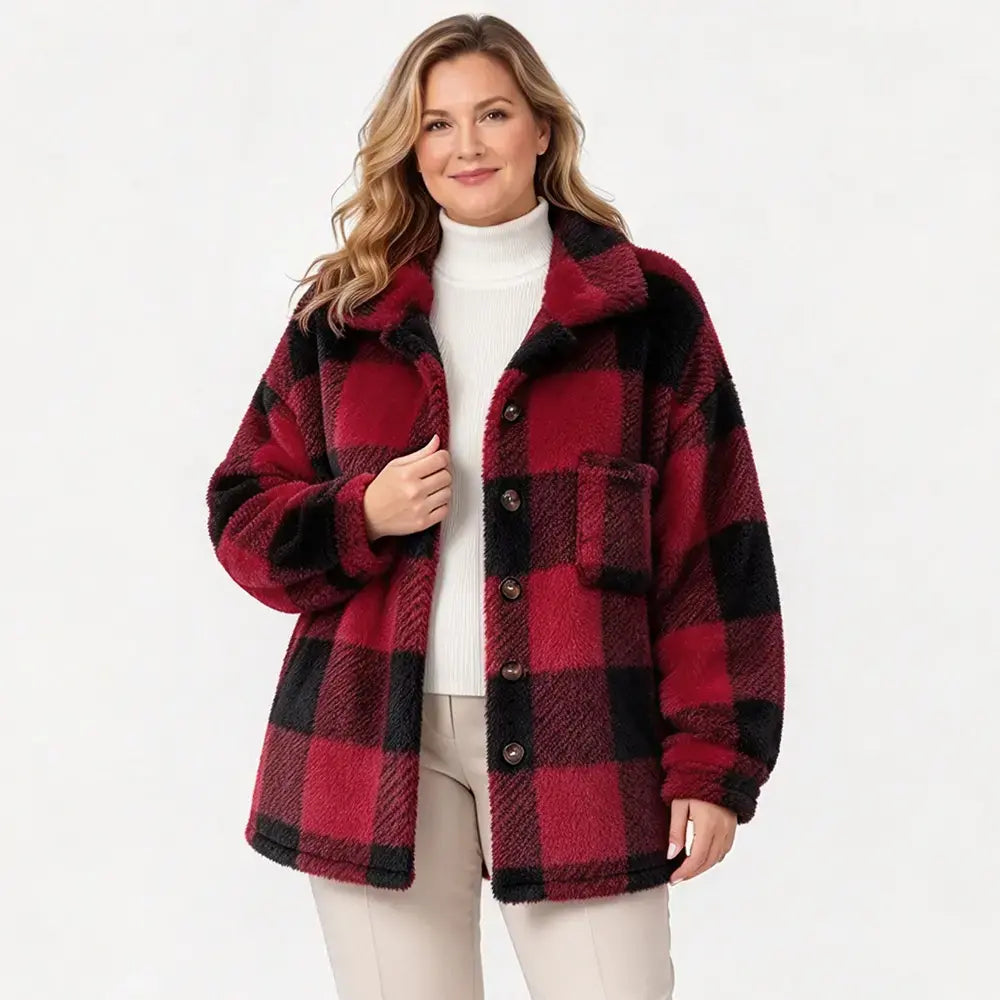 🧥【S–5XL】Ženski karirasti plašč iz umetnega krzna – podložen, ohlapnega kroja, toplo vrhnje oblačilo za jesen in zimo 🥰