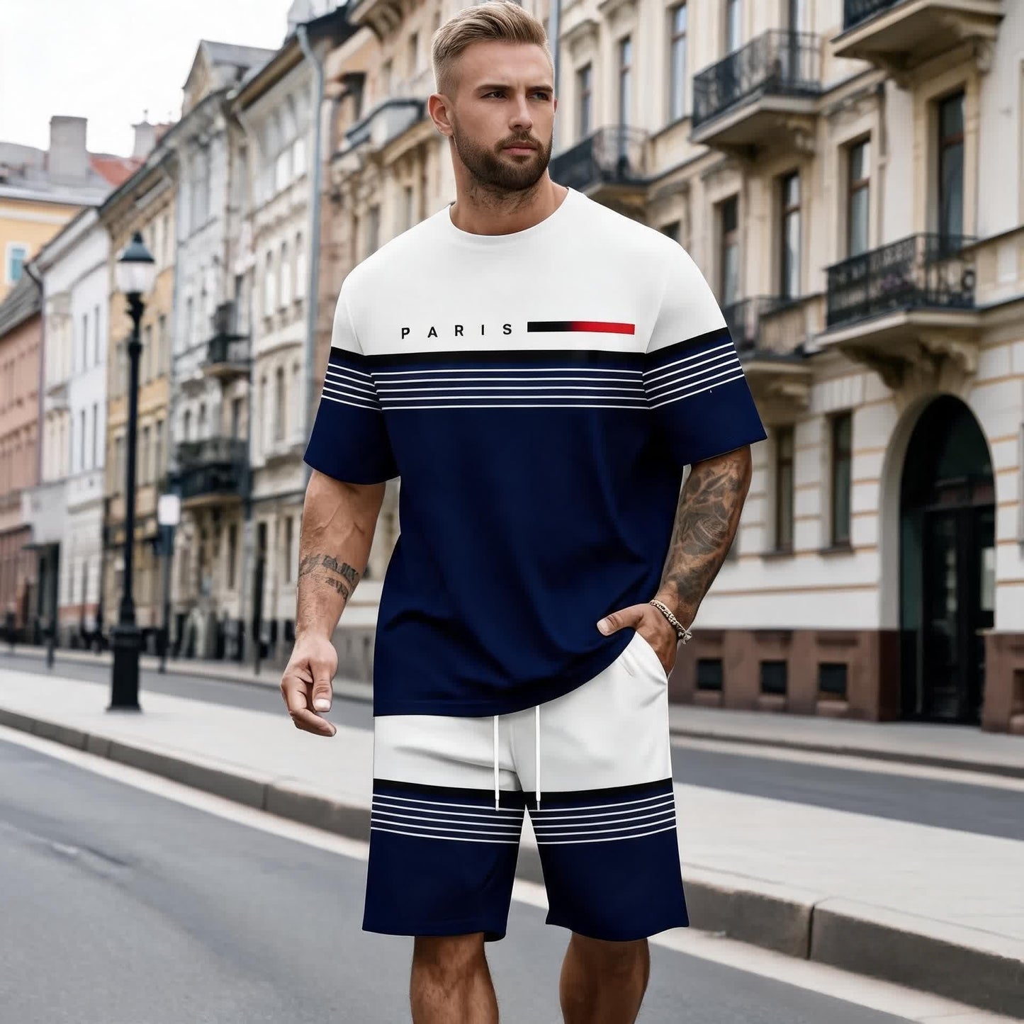 【S-6XL】Férfi lezser, kényelmes, betűmintás rövid ujjú és rövidnadrág szett
