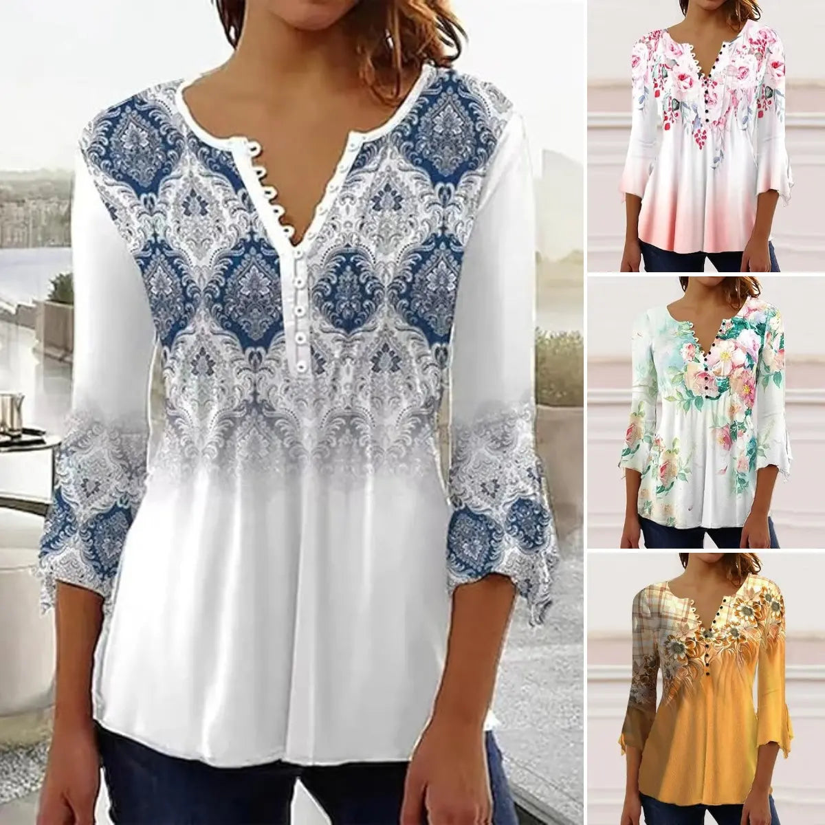 【S–5XL】Női divatos V-nyakú mintás póló – kényelmes, laza és elegáns mindennapi viselet