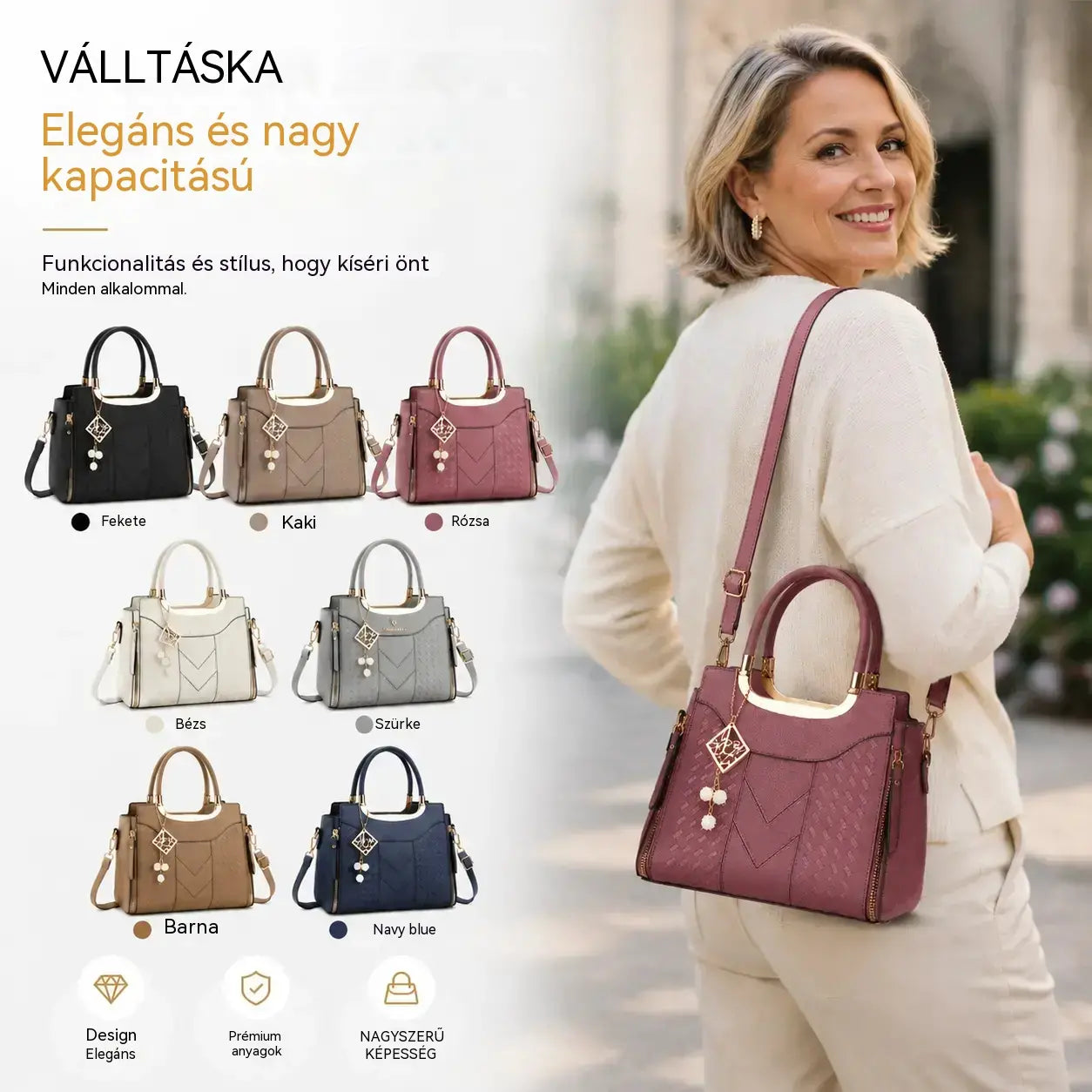 👜👜Női válltáska V-alakú varrással, arany szerelékekkel, több rekesszel és felső fogantyúval.