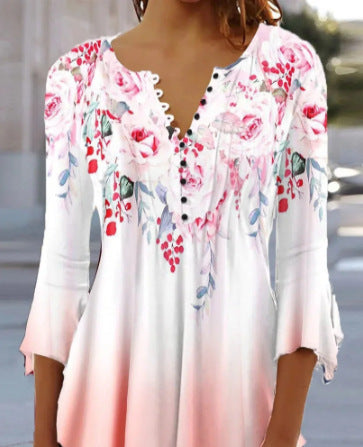 【S–5XL】Női divatos V-nyakú mintás póló – kényelmes, laza és elegáns mindennapi viselet