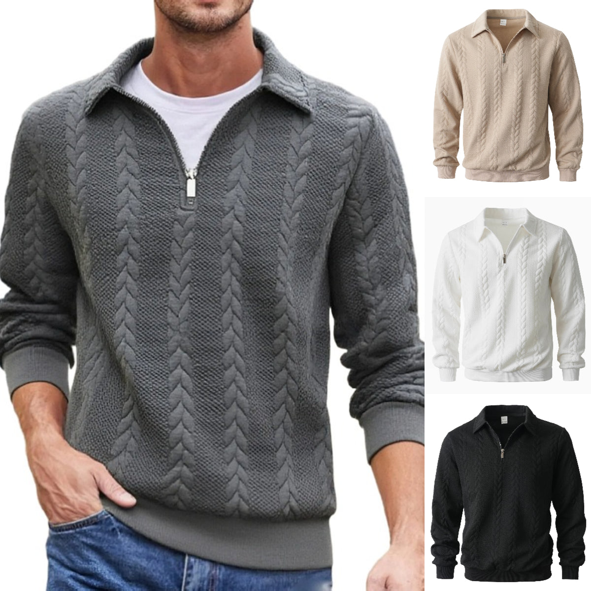 👔【S-3XL】Ανδρικό πλεκτό πουλόβερ με γιακά ζακάρ, casual μακριά μανίκια