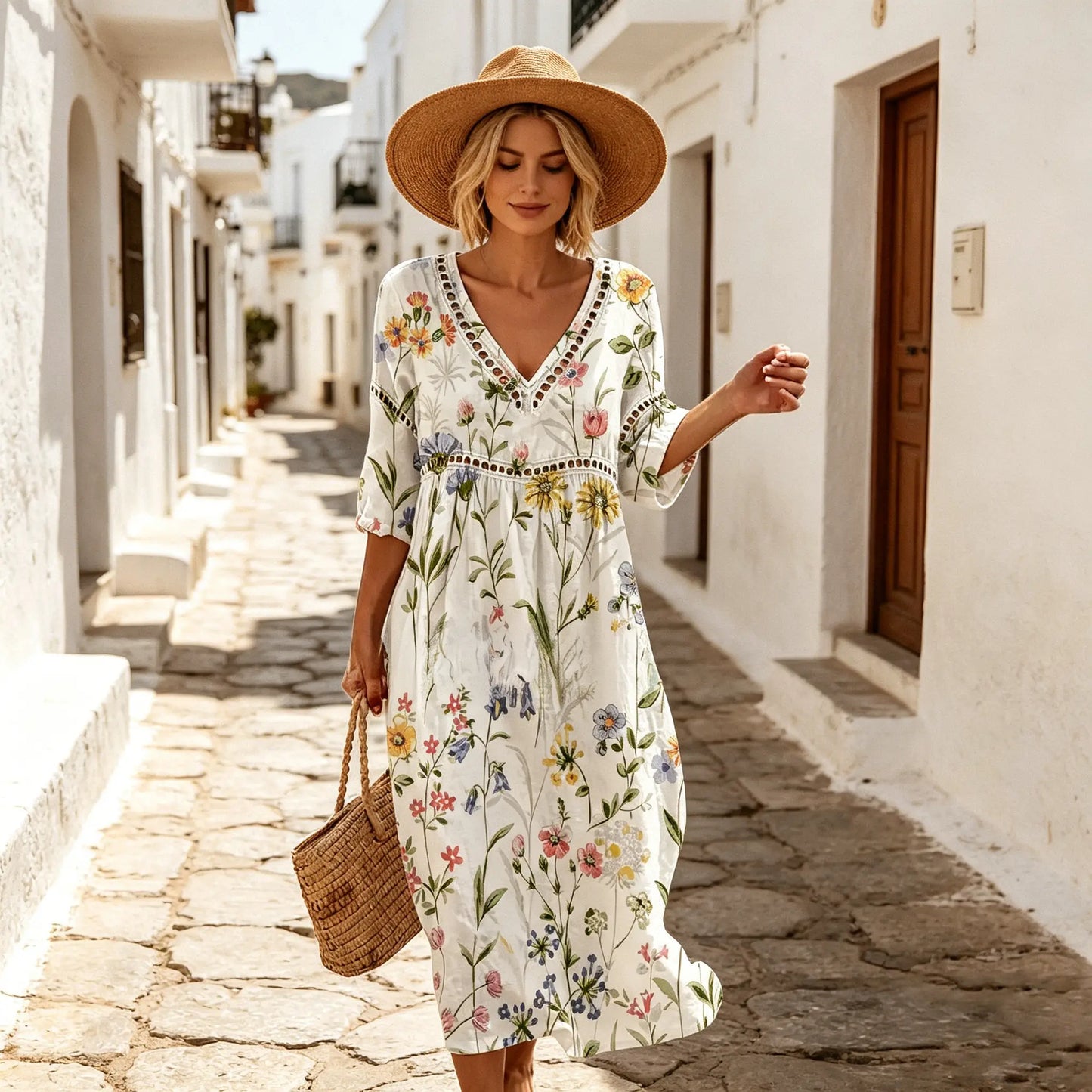 👗【Kupite eno, dobite eno brezplačno】【Razprodaja ob koncu sezone】Poletna potiskana dolga obleka iz bombaža in lana, V-izrez (S-3XL)