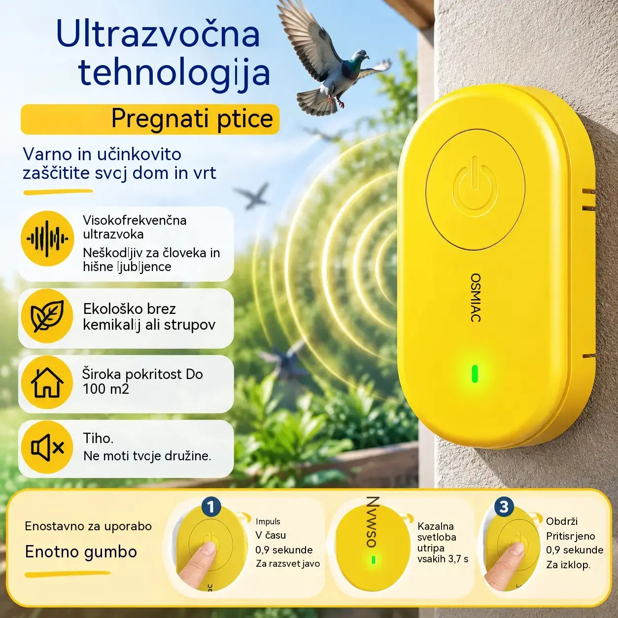🐦 Prenosni ultrazvočni odganjalec ptic | Avtomatska naprava za odganjanje golobov, primerna za balkone, vrtove in zunanje površine.