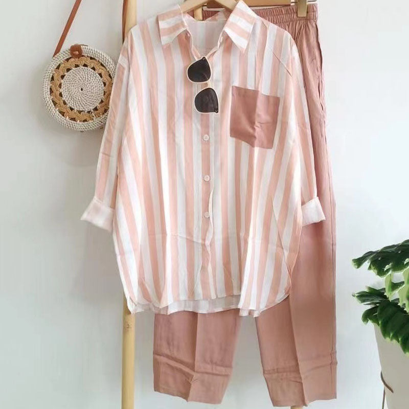 🔥Oferta por tiempo limitado🔥【Top + Pantalones】 (40-120 kg) Traje casual, holgado, a rayas y transpirable ✅️Pago contra entrega