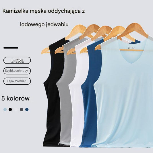 ❄️🆒【Kup 3, otrzymaj 2 gratis – razem 5 sztuk 🔥】【5 sztuk】【L–5XL】Letni męski podkoszulek z jedwabiu lodowego, bezszwowy, cienki fason, duże rozmiary-4032599