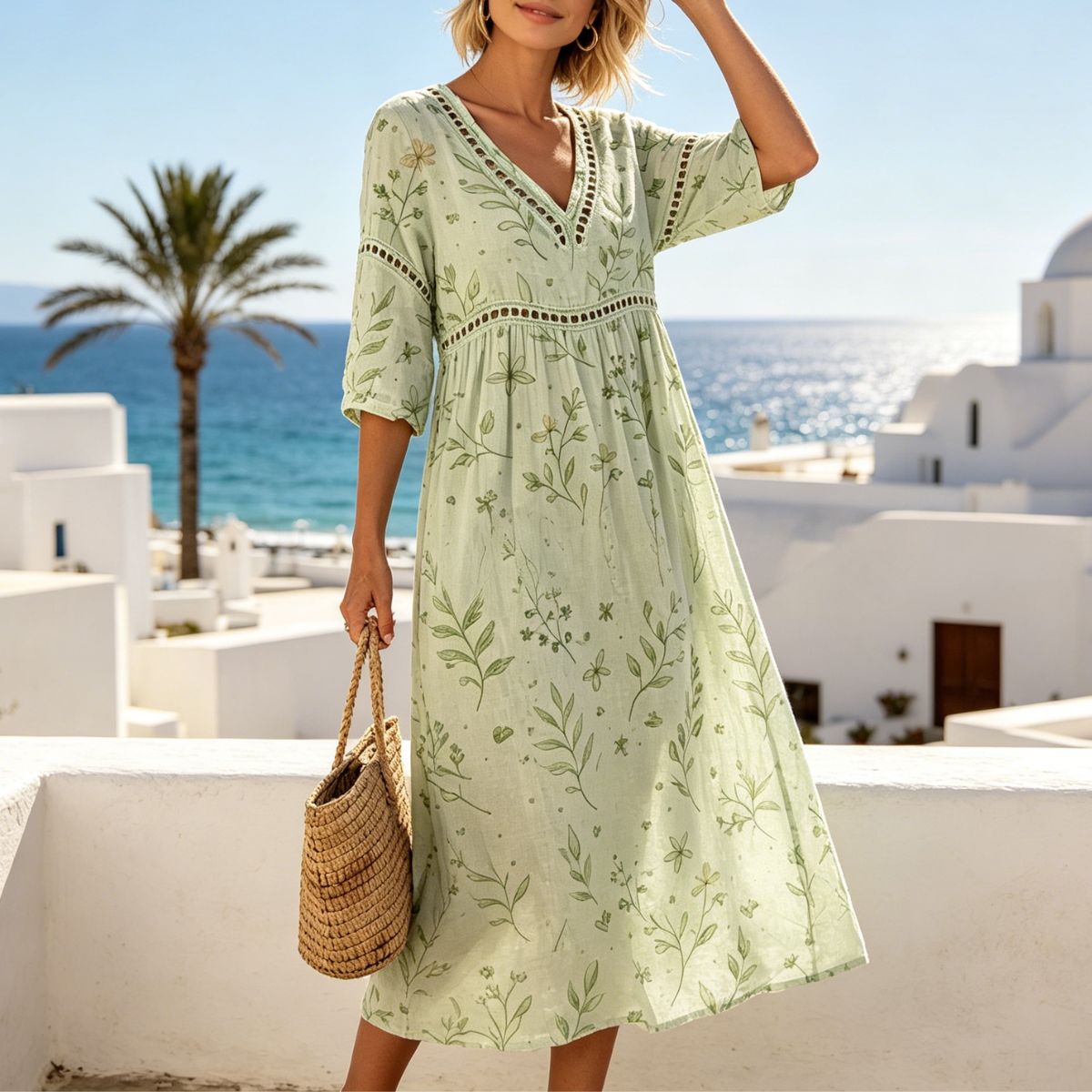 👗【S-3XL】Vestido largo de algodón y lino con estampado floral, estilo veraniego, escote en V