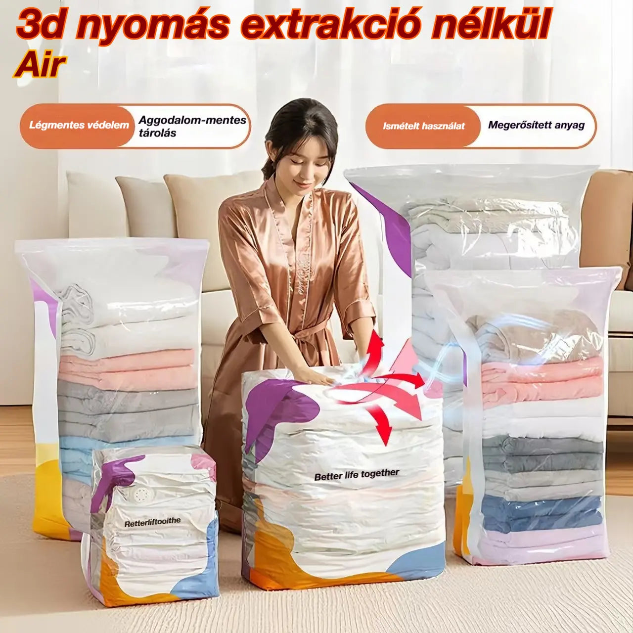 🧳【5 darabos készlet】💨 Nagy, összenyomható vákuumos tárolózsák: nincs szükség pumpára, szivárgásmentes, és ideális helytakarékosságra bőröndökben és otthon ✈️
