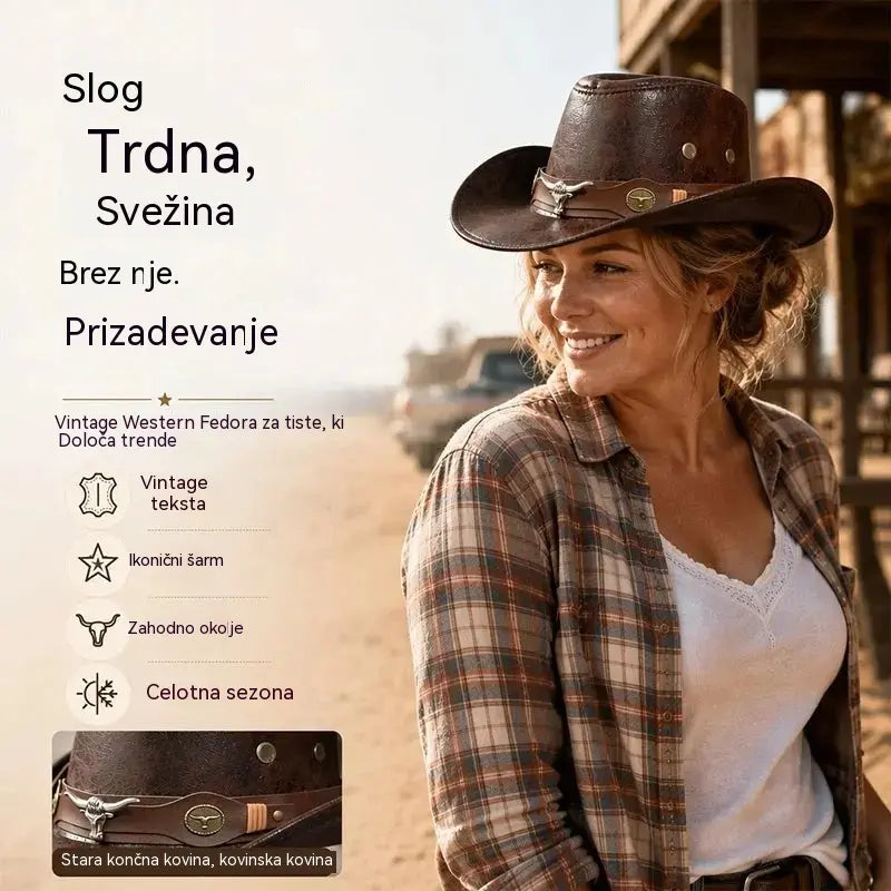 🤠Izkoristite 50 % popust zdaj! 🌟Retro kavbojski klobuk s širokimi krajci in trakom za kapuco - obrabljena fedora v zahodnjaškem slogu