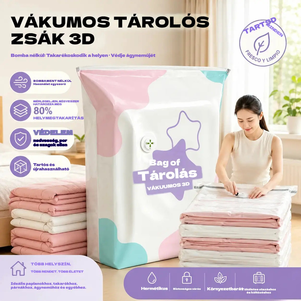 🧳【5 darabos készlet】💨 Nagy, összenyomható vákuumos tárolózsák: nincs szükség pumpára, szivárgásmentes és ideális a helytakarékosságra a bőröndben és otthon ✈️