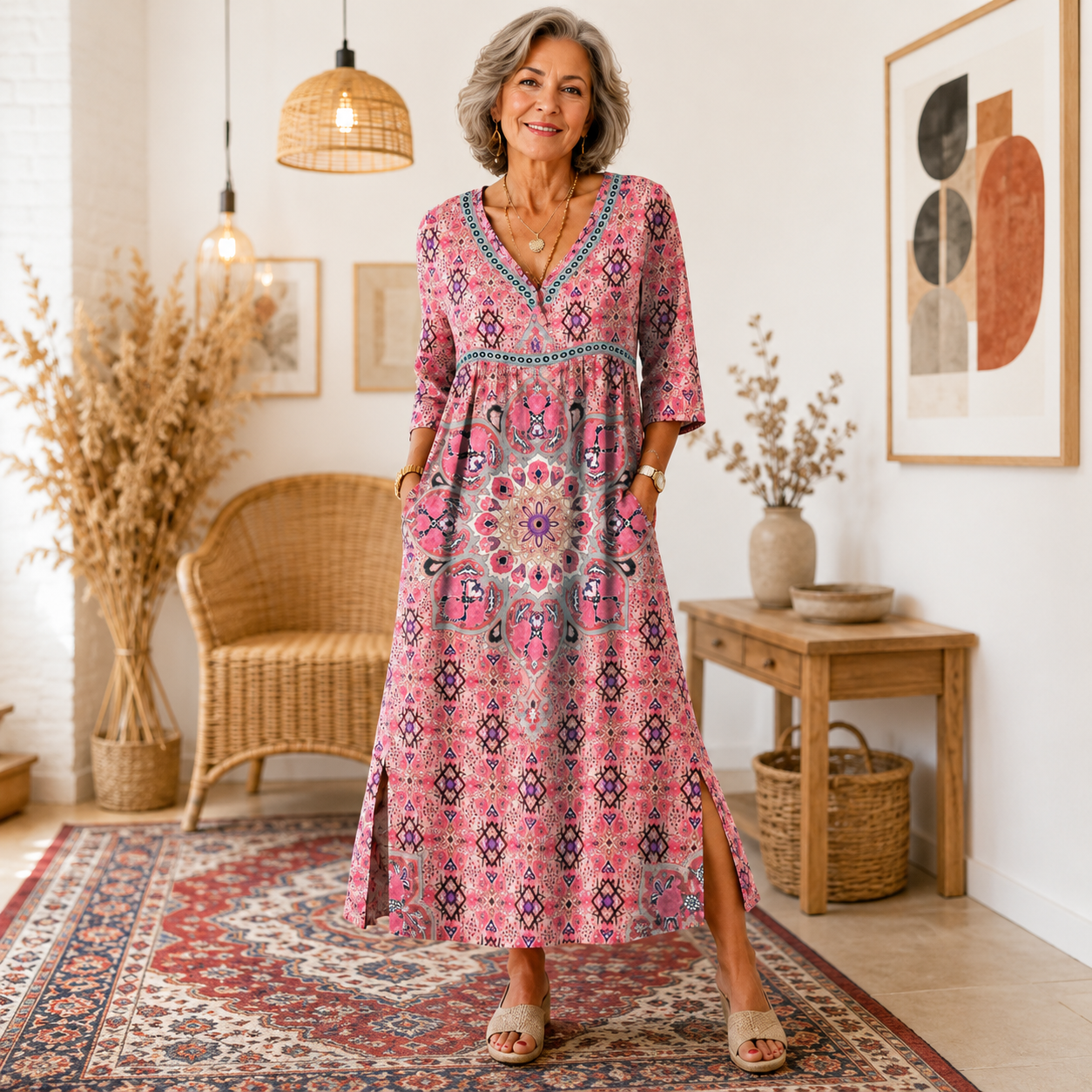 【S-5XL】Retro elegáns, testhezálló ruha, kerek nyakú, virágmintás maxi ruha