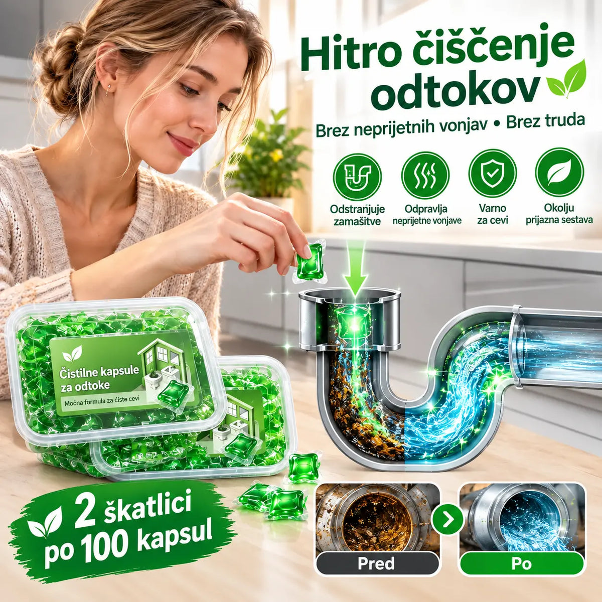 2 pakiranji (100 tablet) za 23 €. V vodi topne kapsule za odpravljanje neprijetnih vonjav iz odtokov – odlična rešitev za preprečevanje širjenja vonjav v kopalnicah in kuhinjah.