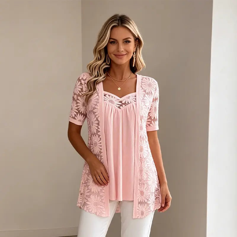 👚 【Drugi artikel za polovično ceno】Eleganten čipkast mrežasti top, dvodelni dizajn, učinkovito splošči trebuh in ustvari vitkejšo postavo. Na voljo v 5 barvah, velikostih od S do 4XL! 🌸✨