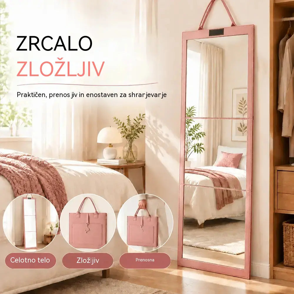 👗👜 Zložljivo, prenosno potovalno ogledalo v polni dolžini z ročajem in zaščitnim pokrovom iz filca, odpornim proti udarcem – zasnovano podobno kot aktovka ✨