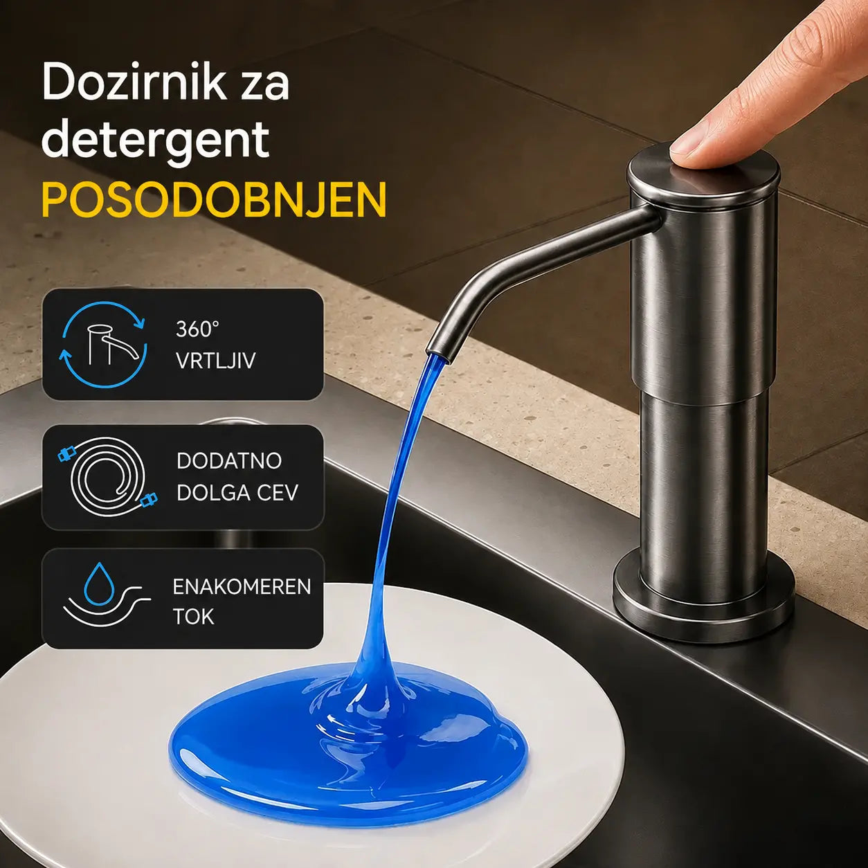 Vgradni dozator mila in detergenta za kuhinjsko pomivalno korito, izdelan iz vrhunskega nerjavečega jekla, z raztegljivo cevjo za neposredno dovajanje v steklo in gravitacijsko kroglico 304, hitro črpanje