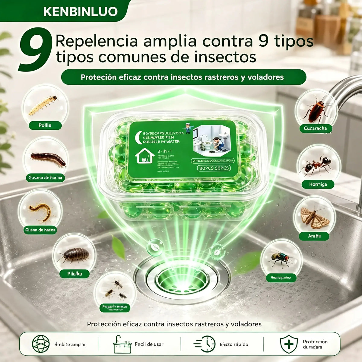 2 paquetes (100 comprimidos) 👍Cápsulas solubles en agua para eliminar olores de desagües: la solución perfecta para prevenir la propagación de olores en baños y cocinas.