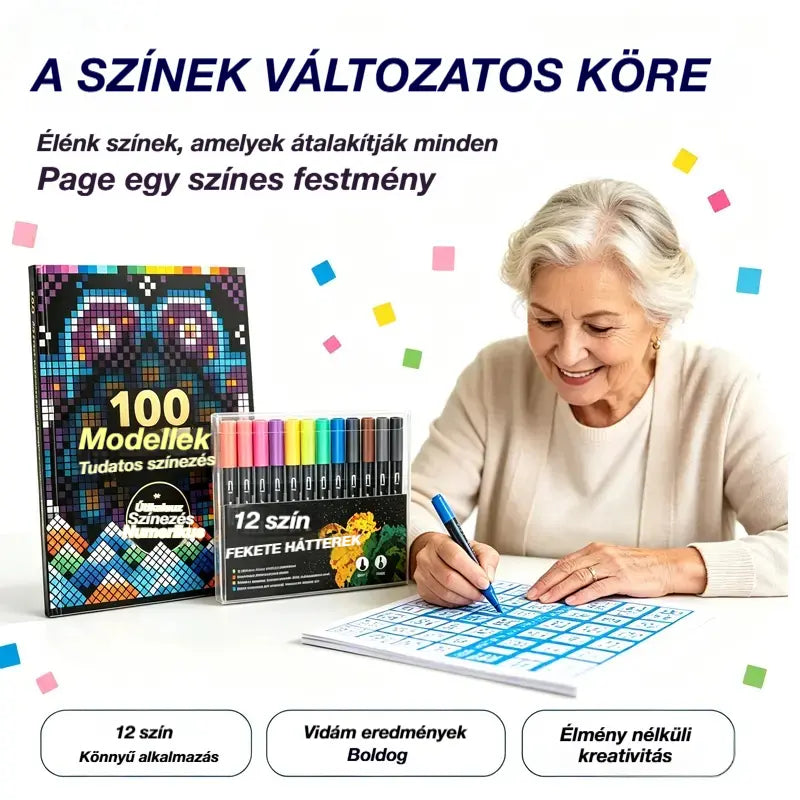 🛍️ Stresszoldó kifestőkönyv készlet "100 minta, fókuszban a színezés" 🎨 Felnőtt és idős számfesték | 100 minta (virágok, mandalák) + bónusz színes ceruzakészlet