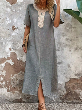 🧚‍♀️👗【50% zniżki 🔥】【S-3XL】💖Letnia duża damska sukienka z okrągłym dekoltem, koronką, krótkim rękawem, czystą bawełną i lnem, rozcięciem i luźną sukienką