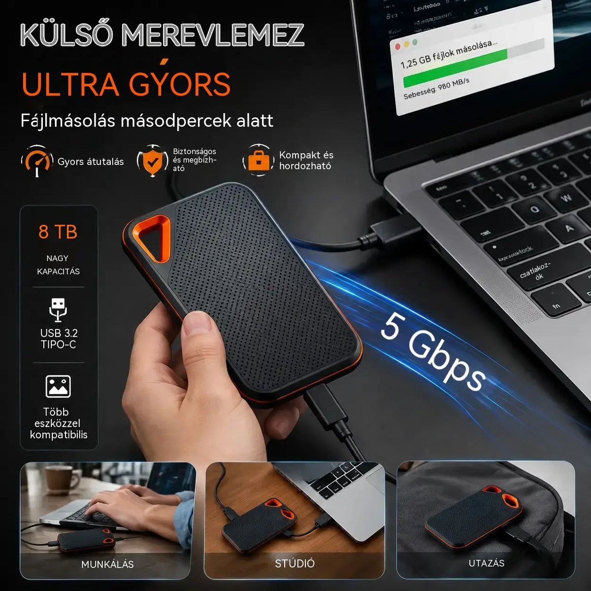 【Utolsó nap 🔥Féláron】💥【8 TB】Nagy sebességű, nagy kapacitású hordozható merevlemez