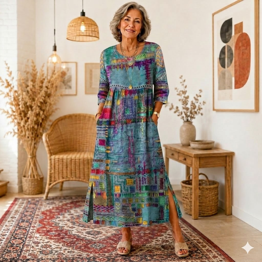 【S-5XL】Retro elegáns, testhezálló ruha, kerek nyakú, virágmintás maxi ruha