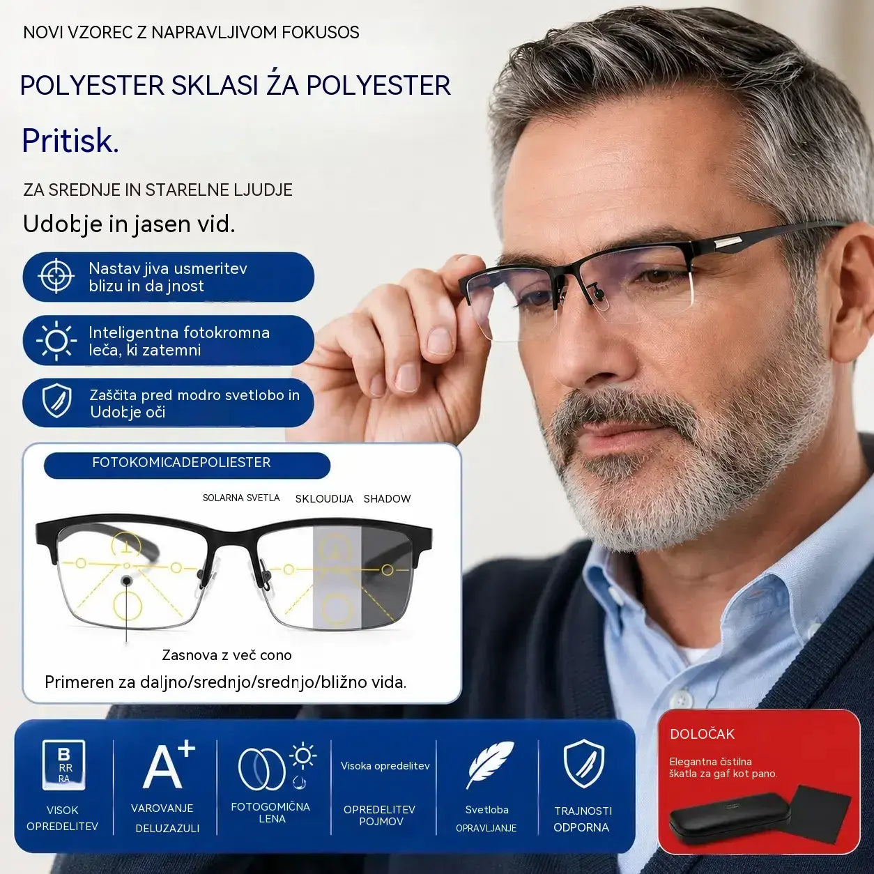 Nova bralna očala brez okvirja so zasnovana posebej za ljudi srednjih let in starejše ter imajo funkcije povečave, večfokusiranja, zaznavanja svetlobe, fotokromatike in blokiranja modre svetlobe.