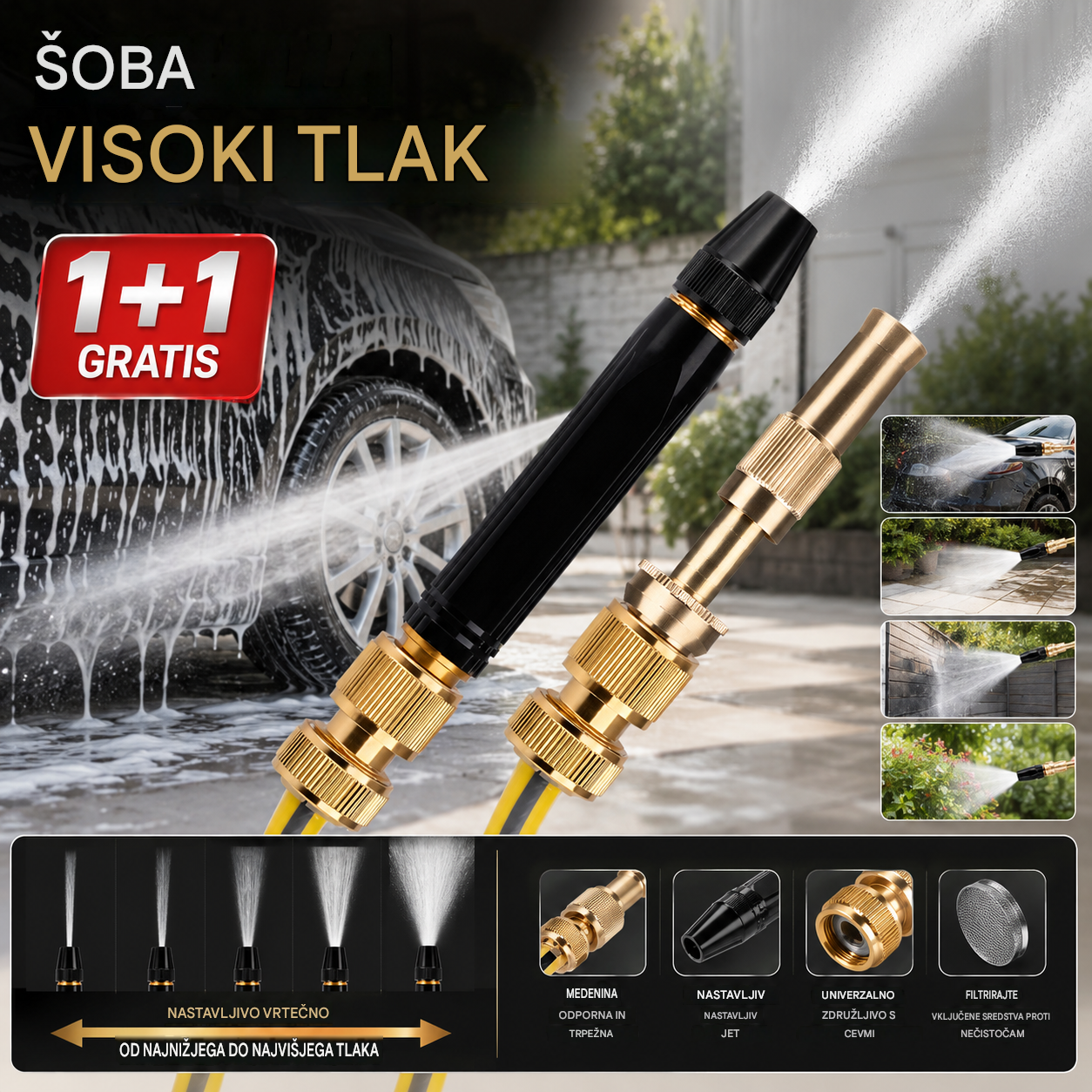 🚿[2-delni komplet]💧 Visokotlačna vodna pištola: Pranje avtomobila, vrt, 10-krat večji tlak, več načinov ⚡