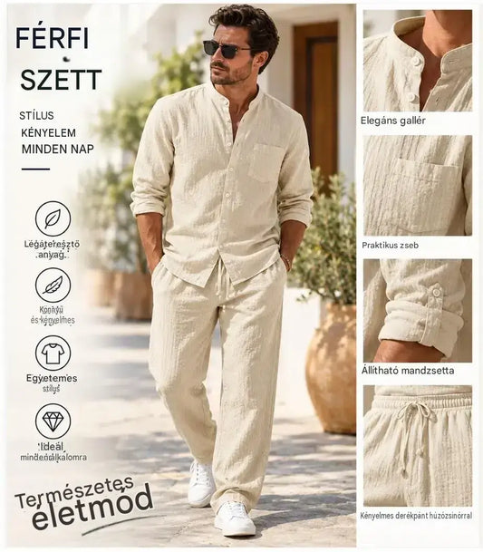 【S-3XL】Férfi vászonöltöny - Hosszú ujjú ing + Kényelmes nadrág [Utánvétes fizetés lehetséges]