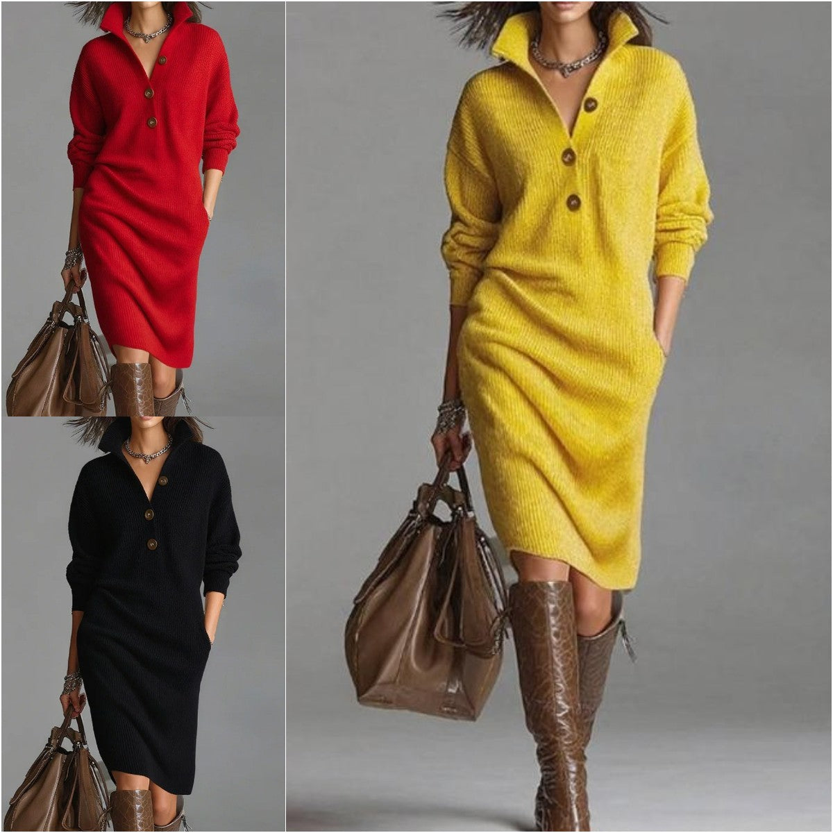 【S-3XL】Μοντέρνο πλεκτό φόρεμα με γιακά, νέα συλλογή 2025.