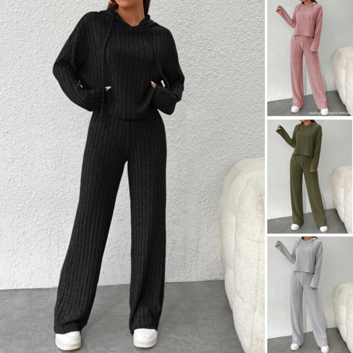 【Μπλούζα + Παντελόνι】😍Γυναικείο πλεκτό τοπ με κουκούλα και φαρδύ παντελόνι