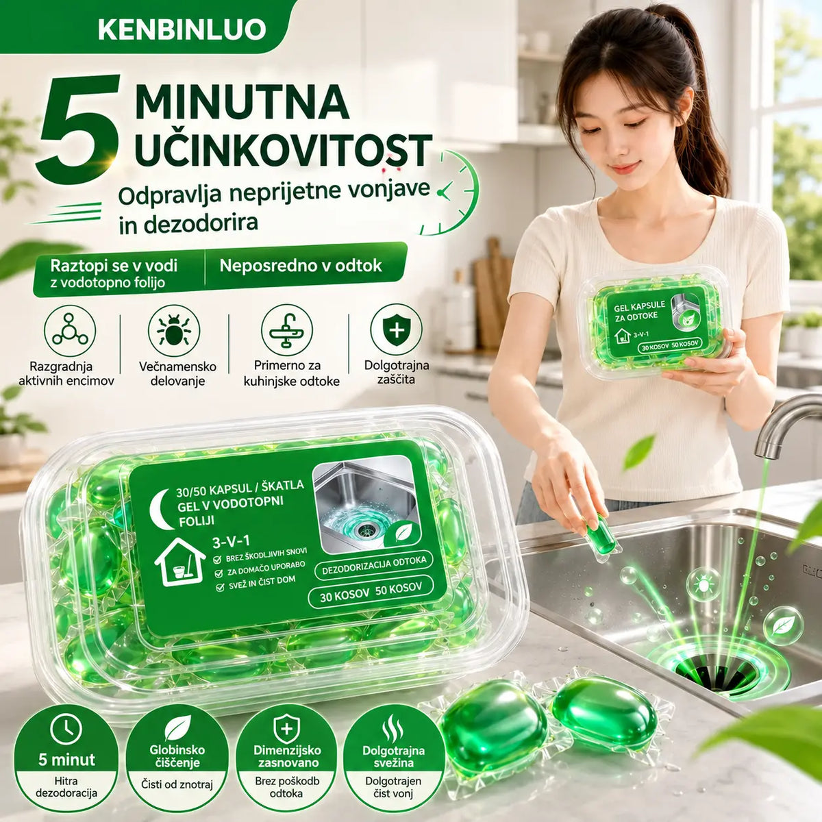 2 pakiranja (100 tablet) 👍 Vodotopne kapsule za odpravljanje vonjav iz odtokov - popolna rešitev za preprečevanje širjenja vonjav v kopalnicah in kuhinjah.