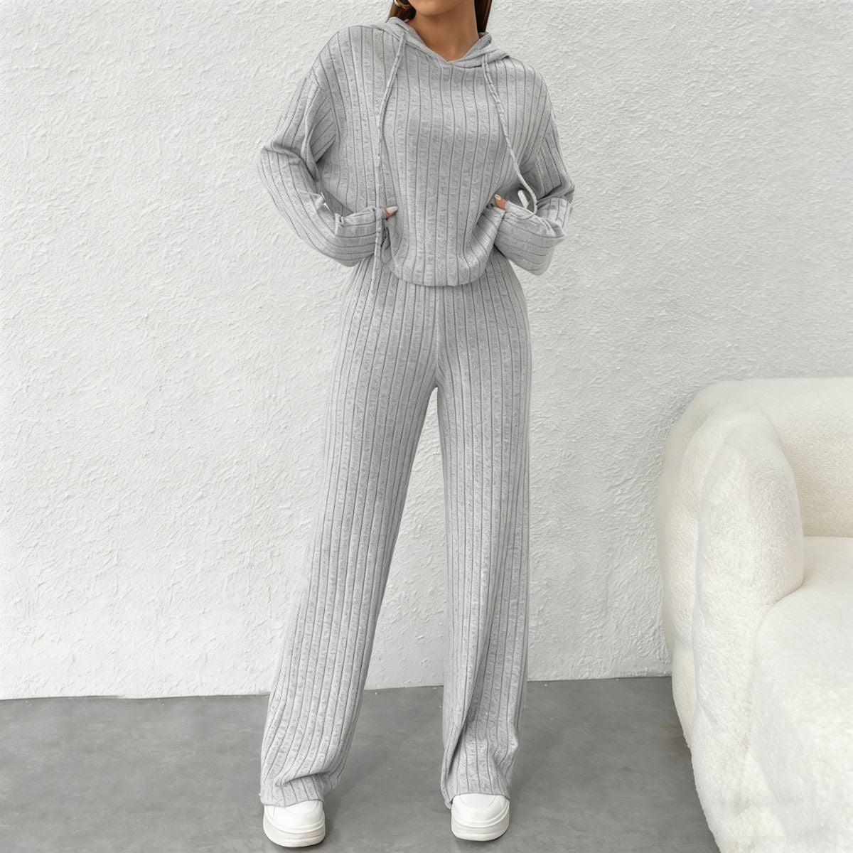😍【Top + Spodnie】Stylowy damski dzianinowy dwuczęściowy komplet: Bluza + Spodnie z szerokimi nogawkami