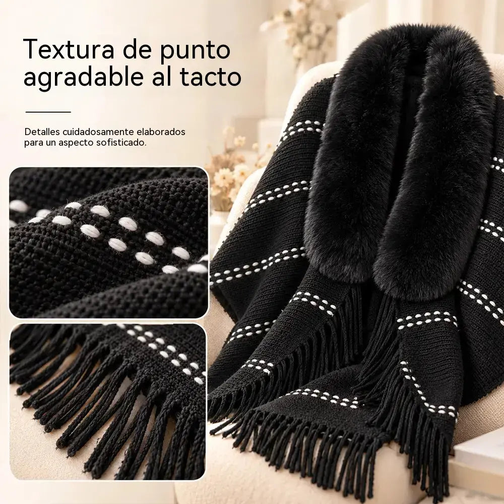 ✨ Pleten zimski šal s plišastim ovratnikom in elegantnimi resicami. Topel, udoben in sproščen ženski kardigan v slogu pelerine!