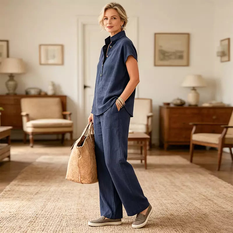 🔥【¡Oferta al 50%!!】✨Conjunto de mujer de lino y algodón: blusa de manga corta y pantalón ancho, estilo casual elegante de verano-4299443