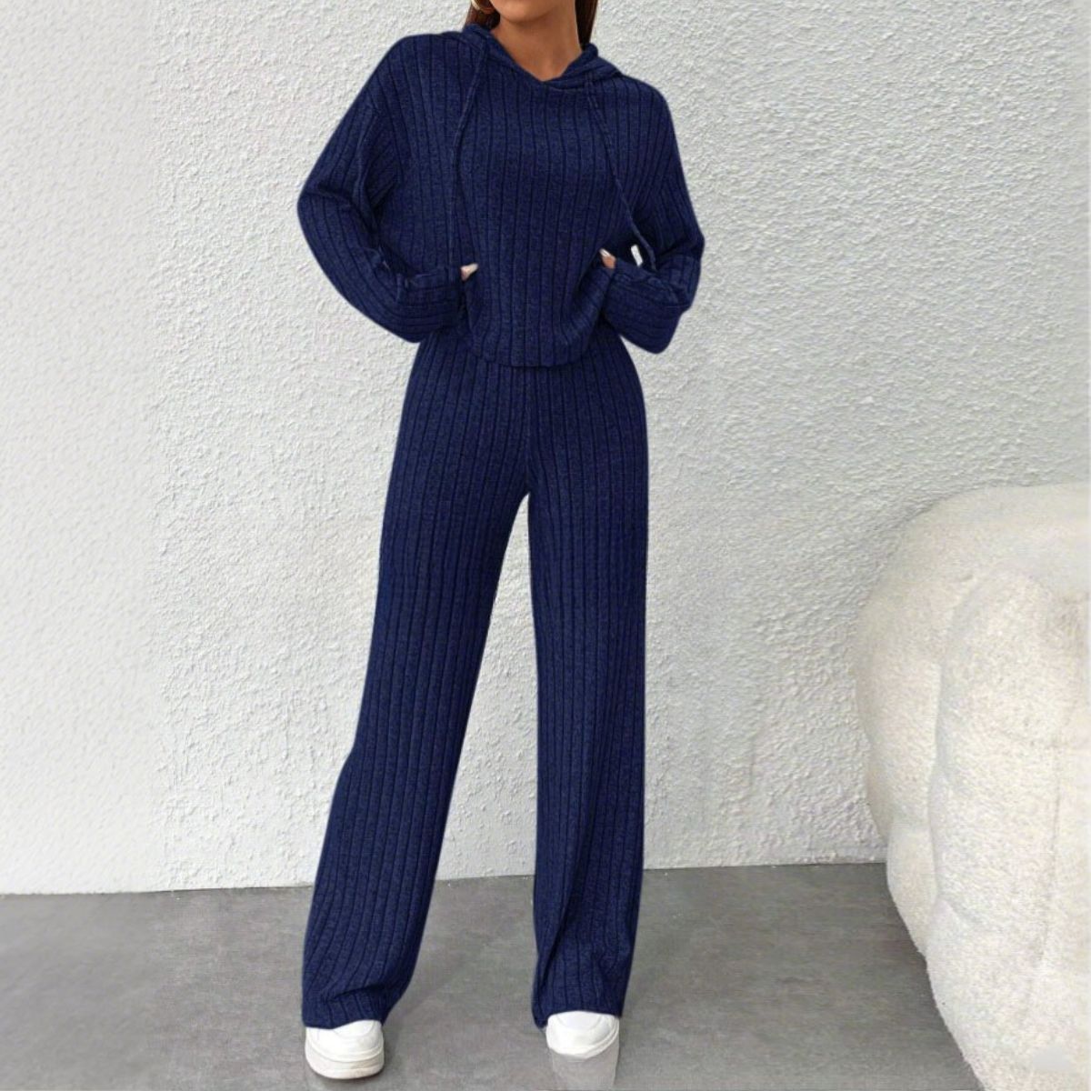 😍【Top + Spodnie】Stylowy damski dzianinowy dwuczęściowy komplet: Bluza + Spodnie z szerokimi nogawkami