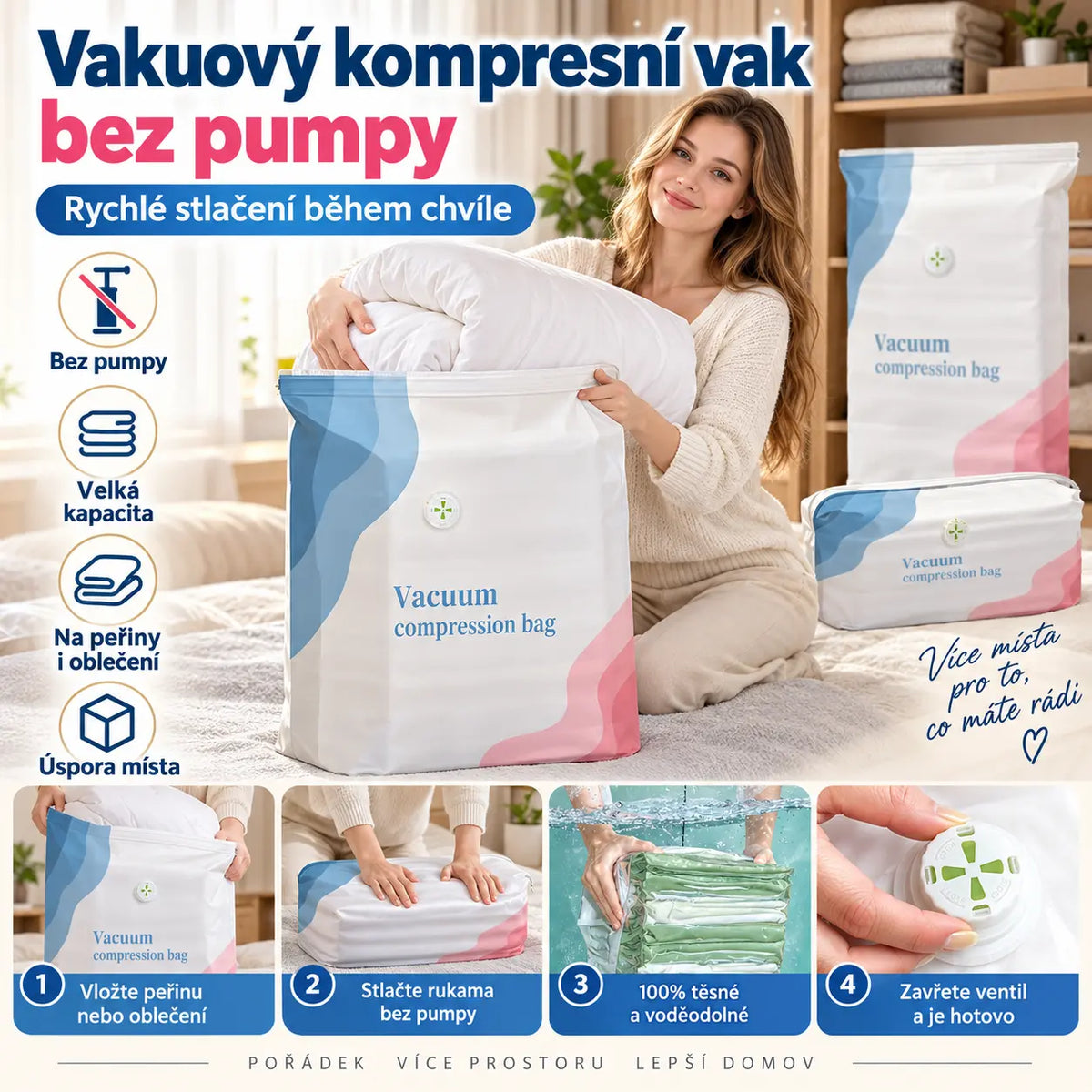 🧳 5 položek za pouhých 590 Kč 💨 Velké stlačitelné vakuové úložné sáčky: Není třeba žádné vzduchové čerpadlo, nepropustné, ideální pro úsporu místa v kufru a doma ✈️